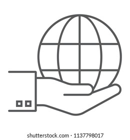 Globe on hand thin line icon, ecology and energy, save the planet sign, vector graphics, a linear pattern on a white background, eps 10.