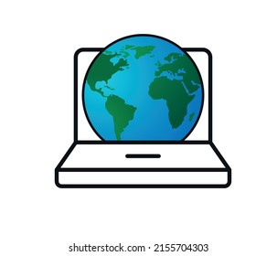 Globe on laptop icon isolated screen. Flat design. Vector illustration.
