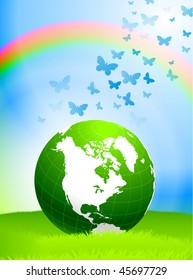 Globe on Nature Background with Rainbow Original Vector Illustration