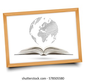 Globe on open book on blackboard background. Vector illustration. Doodle
