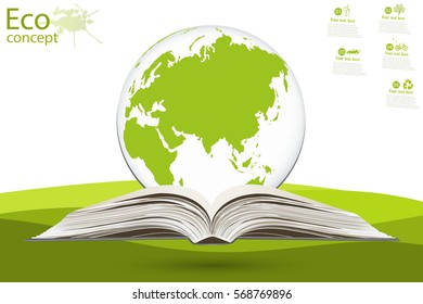 Globe on opened book. The concept of ecology to save the planet. Eco friendly. Environmentally friendly world. Concept vector illustration of ecology. Background. landscape. Infographics