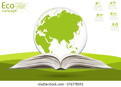 Globe on opened book. The concept of ecology to save the planet. Eco friendly. Environmentally friendly world. Concept vector illustration of ecology. Background. landscape. Infographics