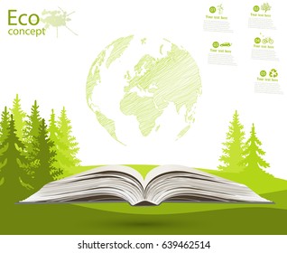 Globe on opened book. The concept of ecology to save the planet. Eco friendly. Environmentally friendly world. Concept vector illustration of ecology. Background. landscape.