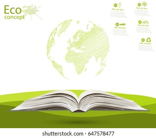 Globe on opened book. The concept of ecology to save the planet. Eco friendly. Environmentally friendly world. Concept illustration of ecology. Background. landscape. Infographics
