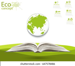 Globe on opened book. The concept of ecology to save the planet. Eco friendly. Environmentally friendly world. Concept illustration of ecology. Background. landscape. Infographics