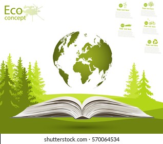 Globe on opened book. Green globe on the tree. The concept of ecology to save the planet. Eco friendly. Environmentally friendly world. Concept vector illustration of ecology. Background. landscape. 