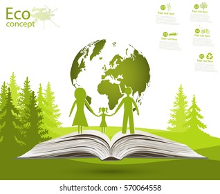 Globe on opened book. Green globe on the tree. The concept of ecology to save the planet. Eco friendly. Environmentally friendly world. Concept vector illustration of ecology. Family. landscape. 