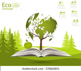 Globe on opened book. Green globe on the tree. The concept of ecology to save the planet. Eco friendly. Environmentally friendly world. Concept vector illustration of ecology. Background. landscape. 