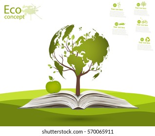 Globe on opened book. Green globe on the tree. The concept of ecology to save the planet. Eco friendly. Environmentally friendly world. Concept vector illustration of ecology. Background. landscape. 