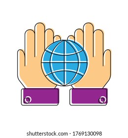 Globe on outstretched palms, simple vector icon, color filled contour isolated on a white background

