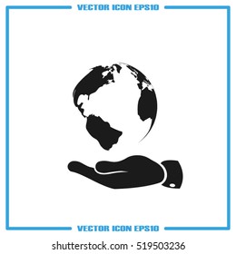 globe on palm icon vector illustration eps10. Isolated badge for website or app - stock infographics