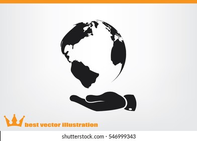 globe on palm icon vector illustration eps10. Isolated badge for website or app - stock infographics.