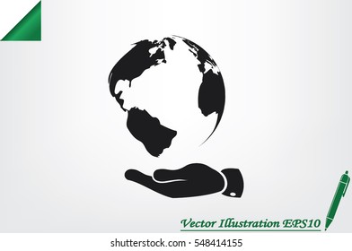 globe on palm icon vector illustration eps10. Isolated badge for website or app - stock infographics