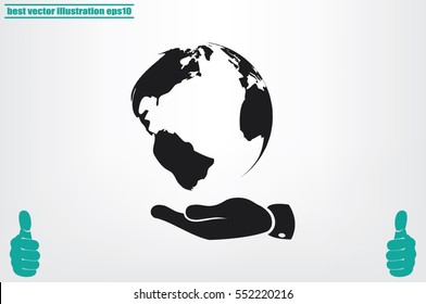 globe on palm icon vector illustration eps10. Isolated badge for website or app - stock infographics