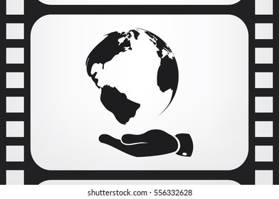 globe on palm icon vector illustration eps10. Isolated badge for website or app - stock infographics