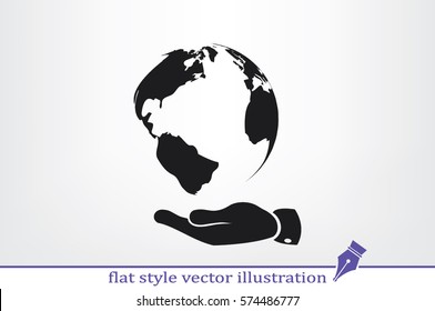 globe on palm icon vector illustration eps10. Isolated badge for website or app - stock infographics