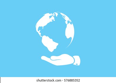 globe on palm icon vector illustration eps10. Isolated badge for website or app - stock infographics.