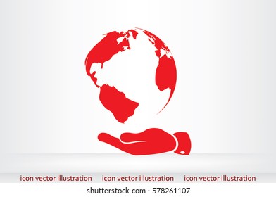globe on palm icon vector illustration eps10. Isolated badge for website or app - stock infographics.