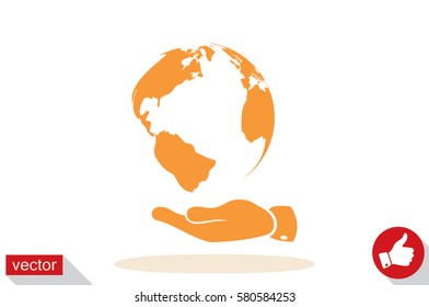 globe on palm icon vector illustration eps10. Isolated badge for website or app - stock infographics