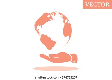 globe on palm icon vector illustration eps10. Isolated badge for website or app - stock infographics