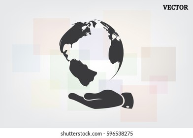 globe on palm icon vector illustration eps10. Isolated badge for website or app - stock infographics