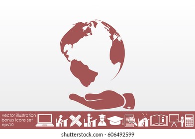 globe on palm icon vector illustration eps10. Isolated badge for website or app - stock infographics