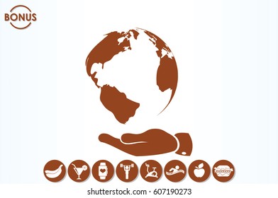 globe on palm icon vector illustration eps10. Isolated badge for website or app - stock infographics