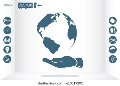 globe on palm icon vector illustration eps10. Isolated badge for website or app - stock infographics