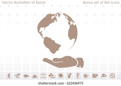globe on palm icon vector illustration eps10. Isolated badge for website or app - stock infographics
