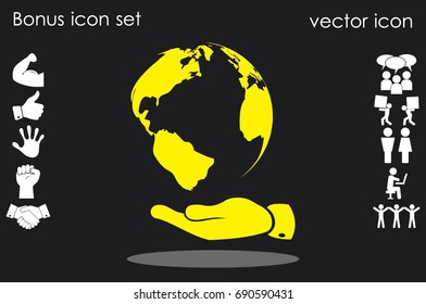globe on palm icon vector illustration eps10. Isolated badge for website or app - stock infographics