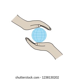 Globe on palms on white background sign. Modern symbol for security Earth, protection environment, planet. Template for logo, label, poster, t shirt, etc. Design element. Vector illustration