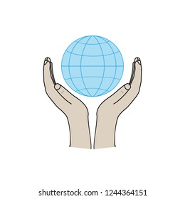Globe on palms on white background sign. Modern symbol for security Earth, protection environment, planet. Template for logo, label, poster, t shirt, etc. Design element. Vector illustration