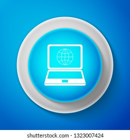 Globe on screen of laptop icon isolated on blue background. Notebook computer with globe sign. Circle blue button. Vector Illustration