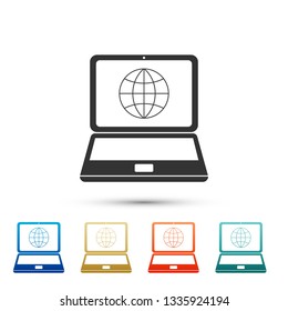 Globe on screen of laptop icon isolated on white background. Notebook computer with globe sign. Set elements in color icons. Vector Illustration