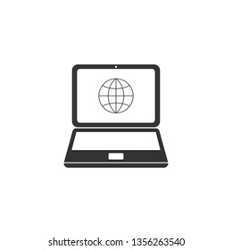 Globe on screen of laptop icon isolated. Notebook computer with globe sign. Flat design. Vector Illustration