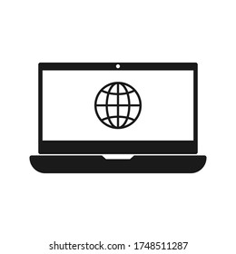 Globe on screen of laptop icon flat style in trendy design isolated. vector illustration. color editable
