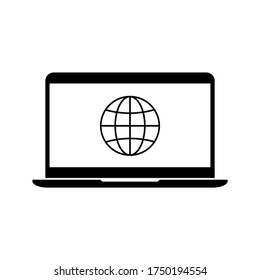 Globe on screen of laptop icon flat style in trendy design isolated. vector illustration. color editable