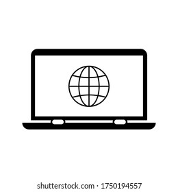 Globe on screen of laptop icon flat style in trendy design isolated. vector illustration. color editable