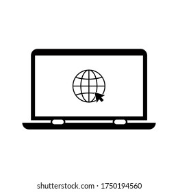 Globe on screen of laptop icon flat style in trendy design isolated. vector illustration. color editable