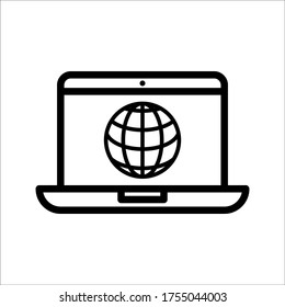Globe on screen of laptop icon flat style in trendy design isolated on white background