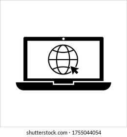 Globe on screen of laptop icon flat style in trendy design isolated on white background