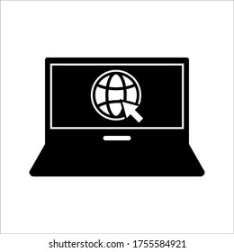 Globe on screen of laptop icon flat style in trendy design isolated on white background