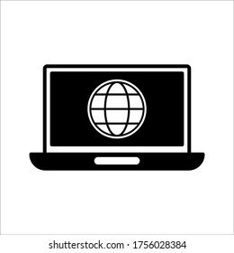 Globe on screen del icono del portátil estilo plano en el diseño de moda aislado en fondo blanco