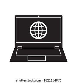 Globe on screen of laptop icon flat style in trendy design isolated. vector illustration