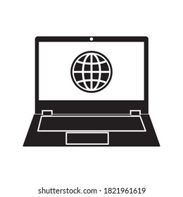 Globe on screen of laptop icon flat style in trendy design isolated. vector illustration