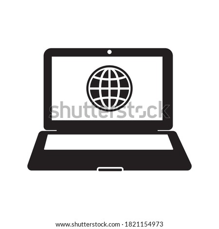 Globe on screen of laptop icon flat style in trendy design isolated. vector illustration