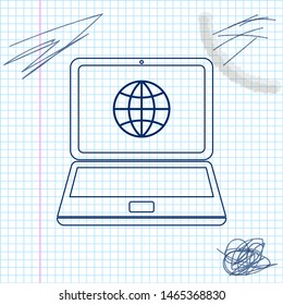 Globe on screen of laptop line sketch icon isolated on white background. Notebook computer with globe sign. Vector Illustration