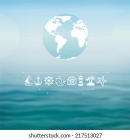 Globe on a sea background with sea symbols 