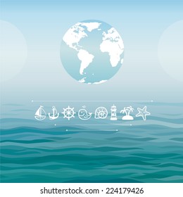 Globe on a sea background with sea symbols