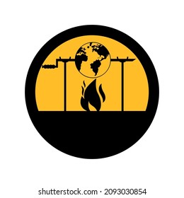 Globe on a spit by the fire, black and yellow color, round sign a white background, vector illustration